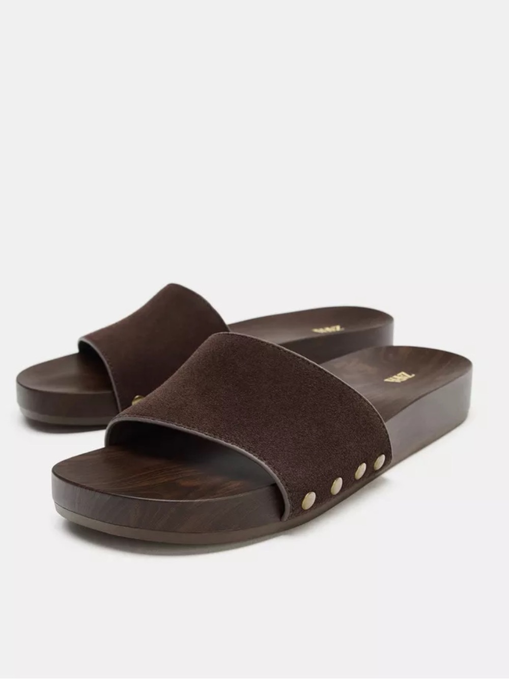 Zara Brown Leather Flat Slide Sandals Stud Detail EU 38 US 7.5 NWT